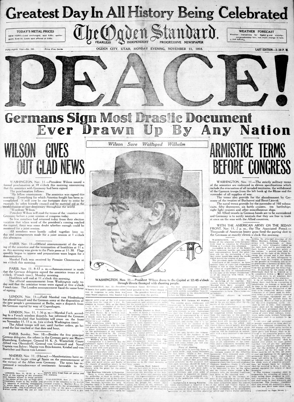 Front page: “PEACE!” with a drawing of President Wilson. “Greatest Day In All History Being Celebrated.”