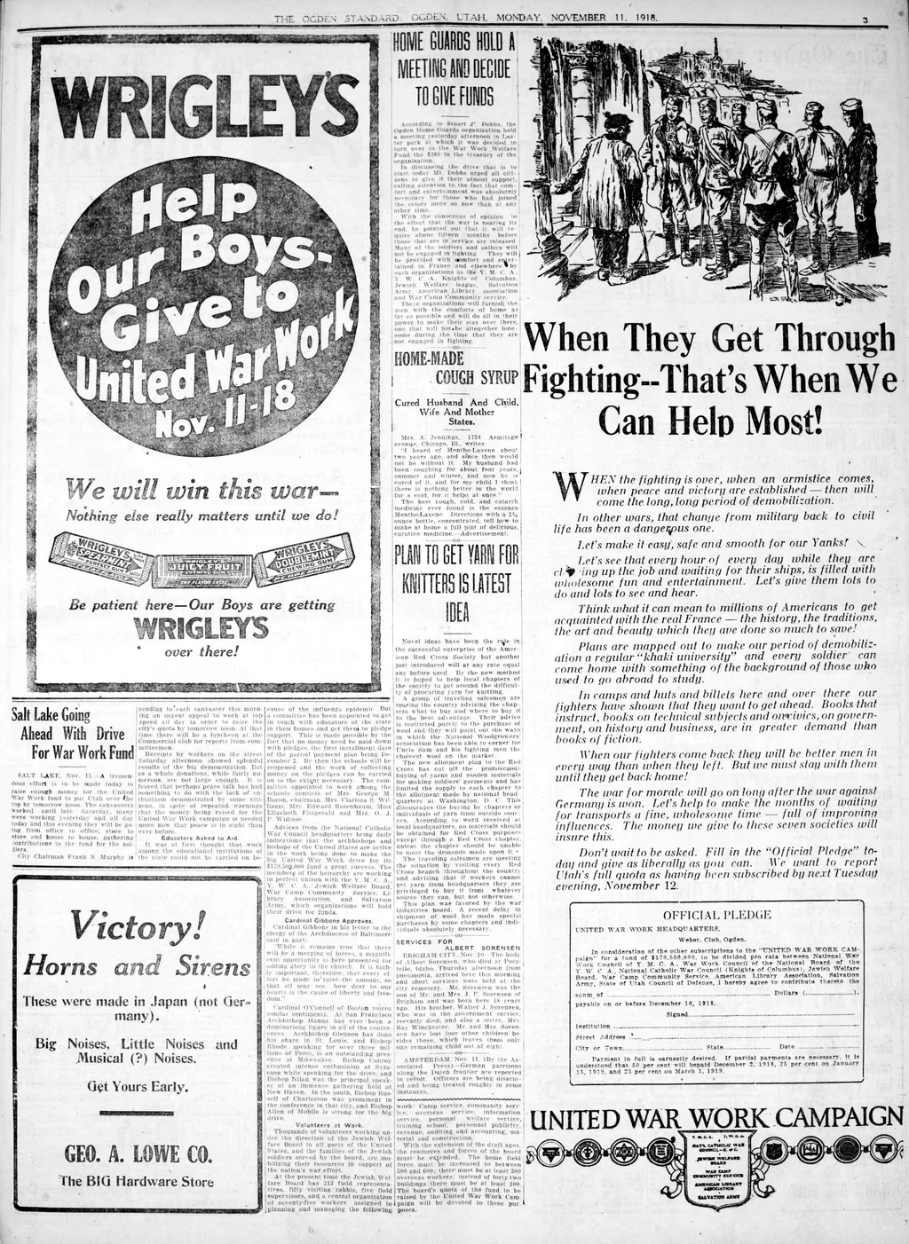 Page 3: “Help Our Boys, Give to United War Work” and an ad for victory horns and sirens.
