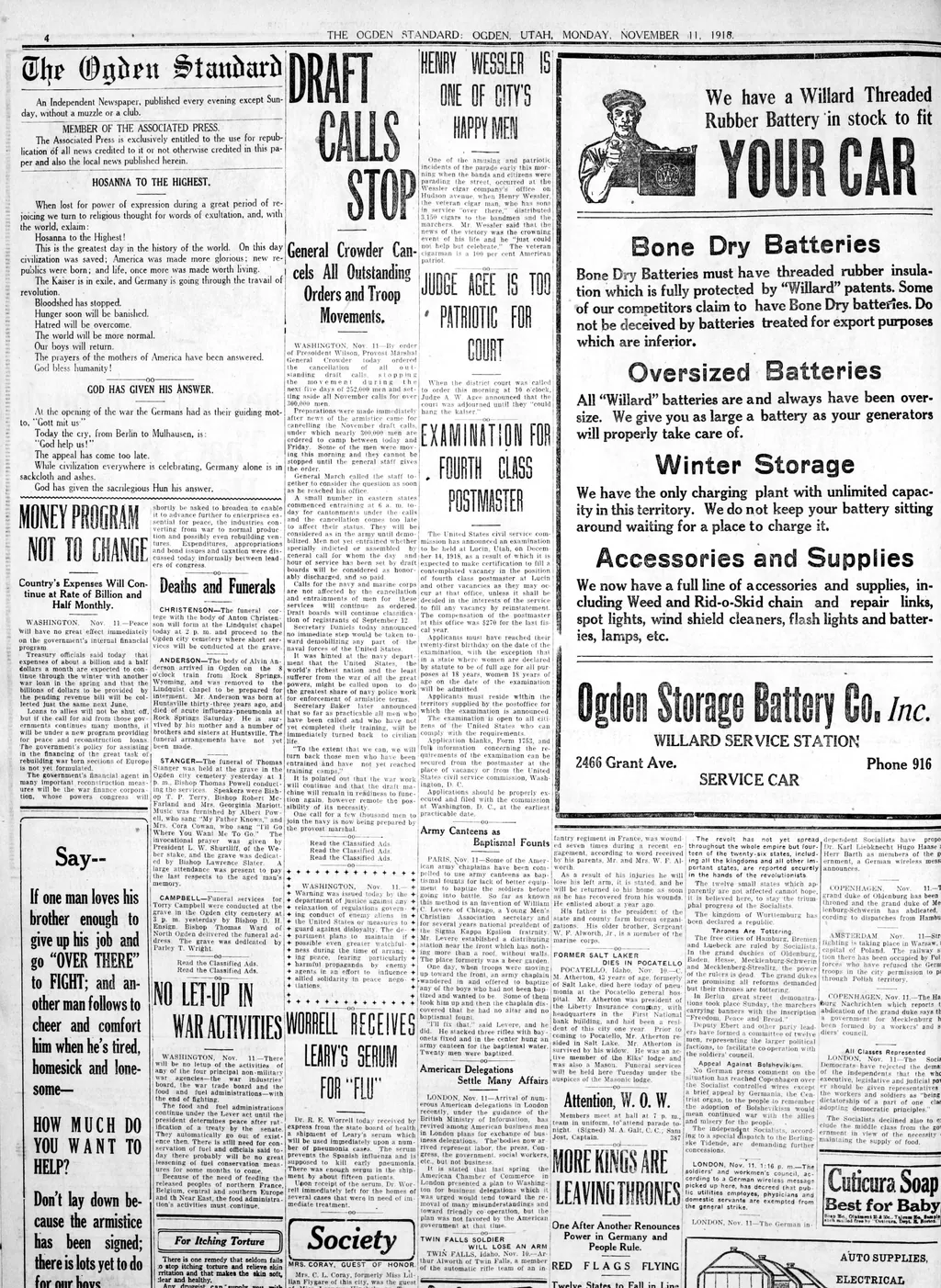 Page 4: “Draft calls stop”, car batteries and local news.