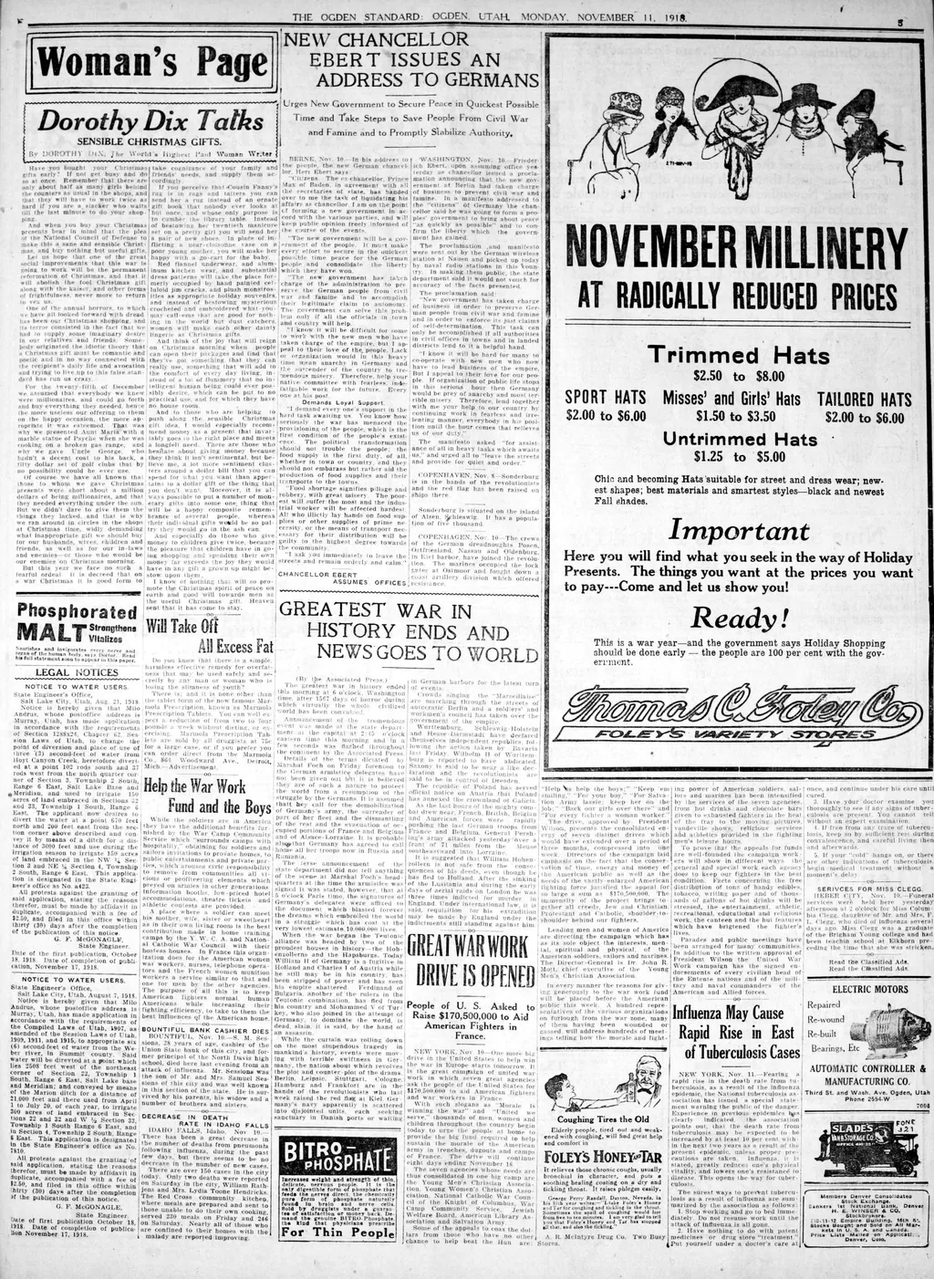Page 5: Woman’s Page with Dorothy Dix and November millinery.
