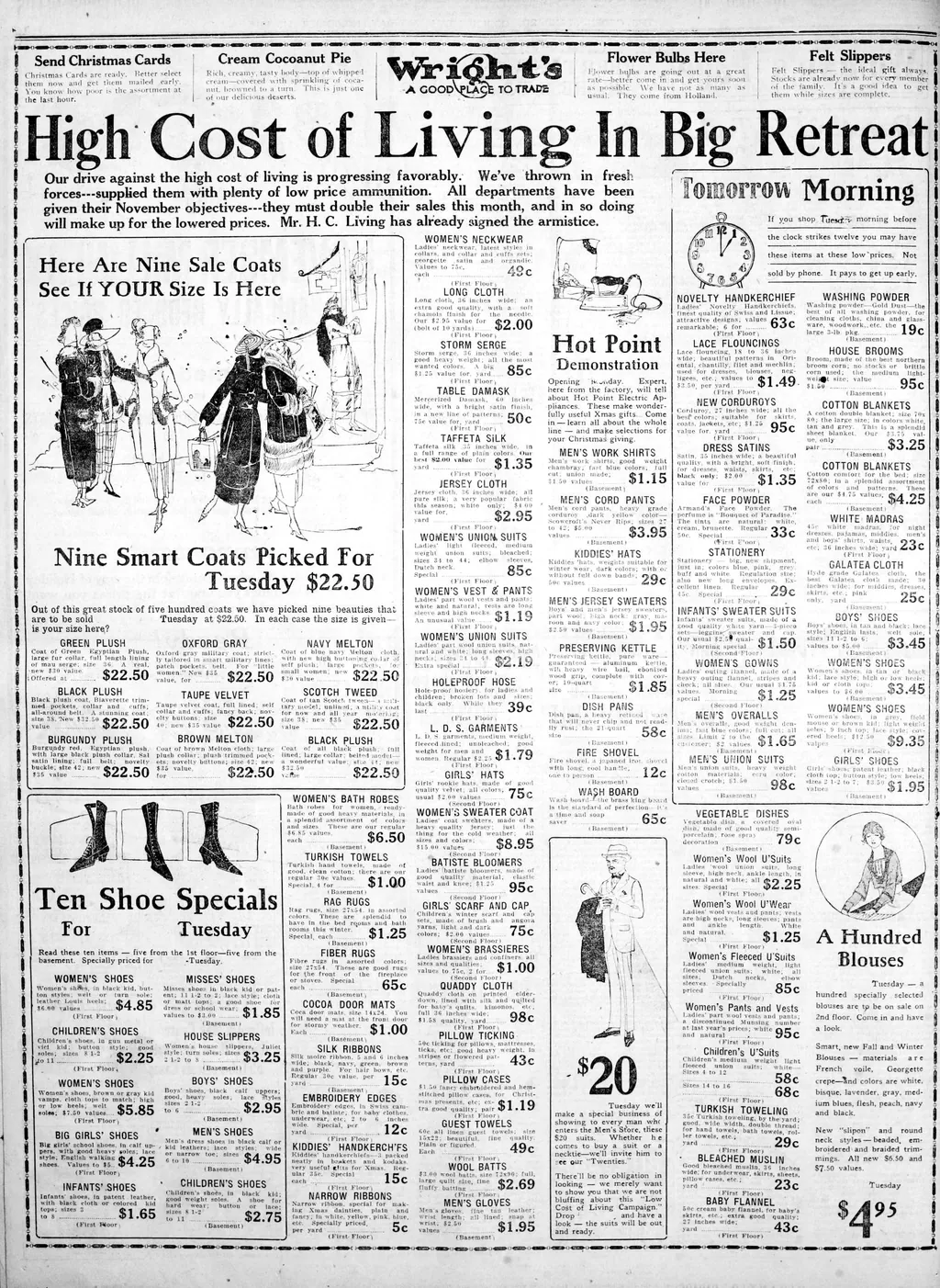 Page 6: Wright’s department store, “High Cost of Living In Big Retreat”.