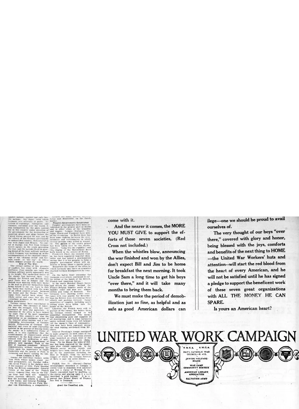 Page 9: partly preserved. United War Work Campaign.