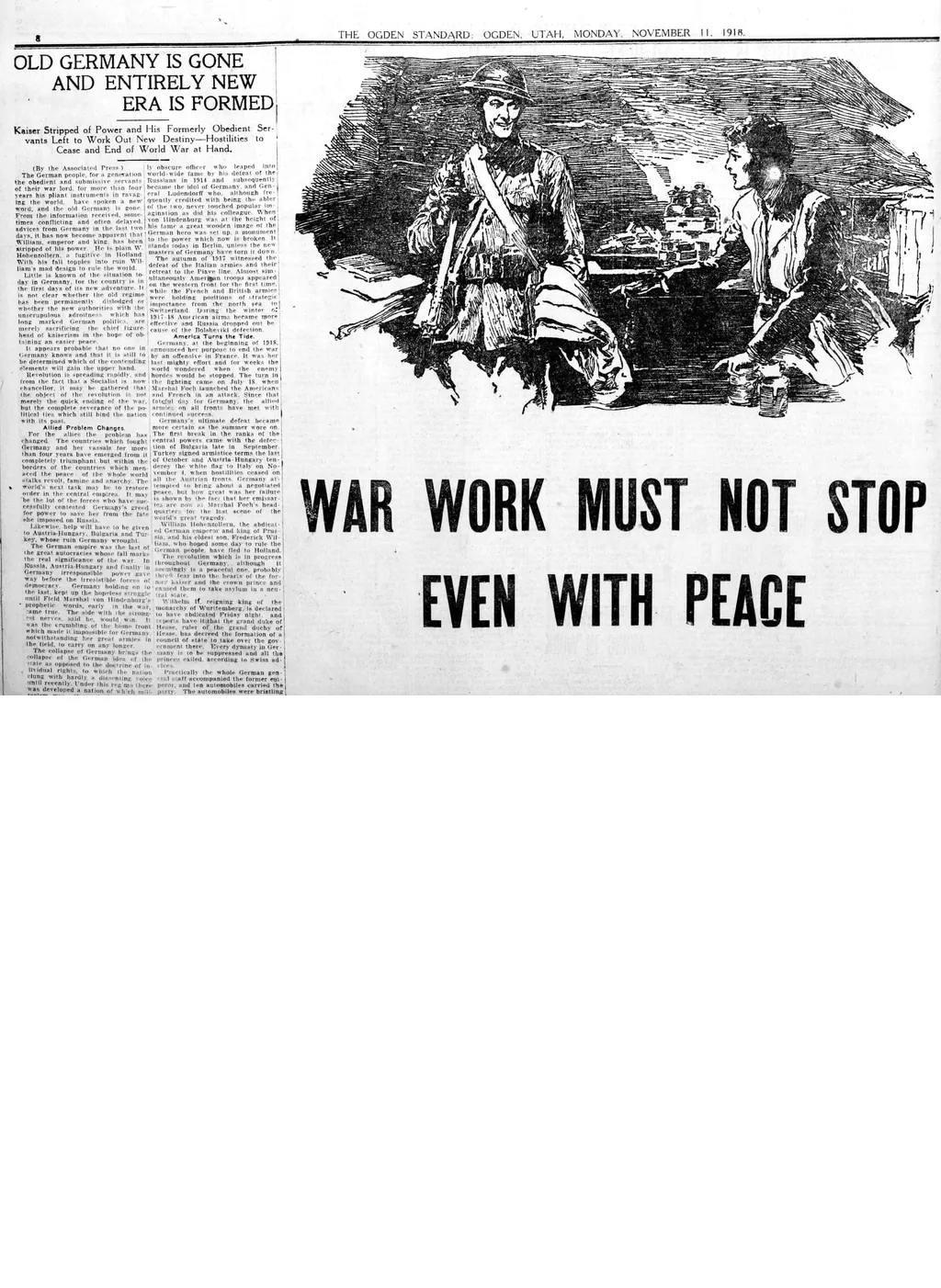 Page 10: partly preserved. An illustration and “War work must not stop even with peace.”