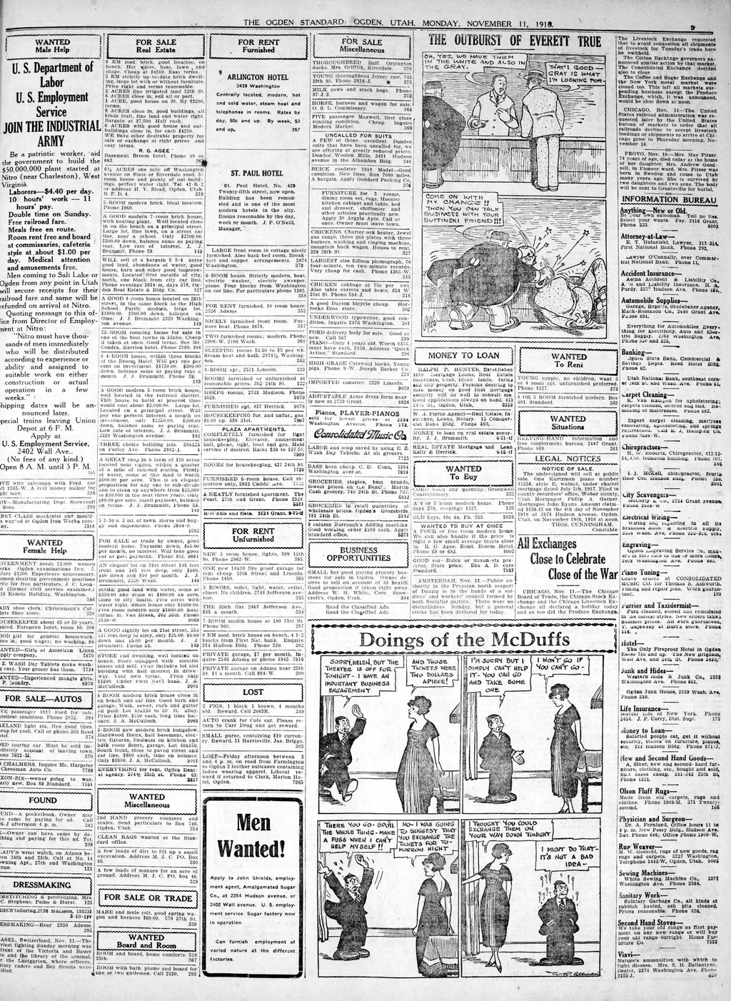 Page 11: classified ads and the comic “Doings of the McDuffs”.